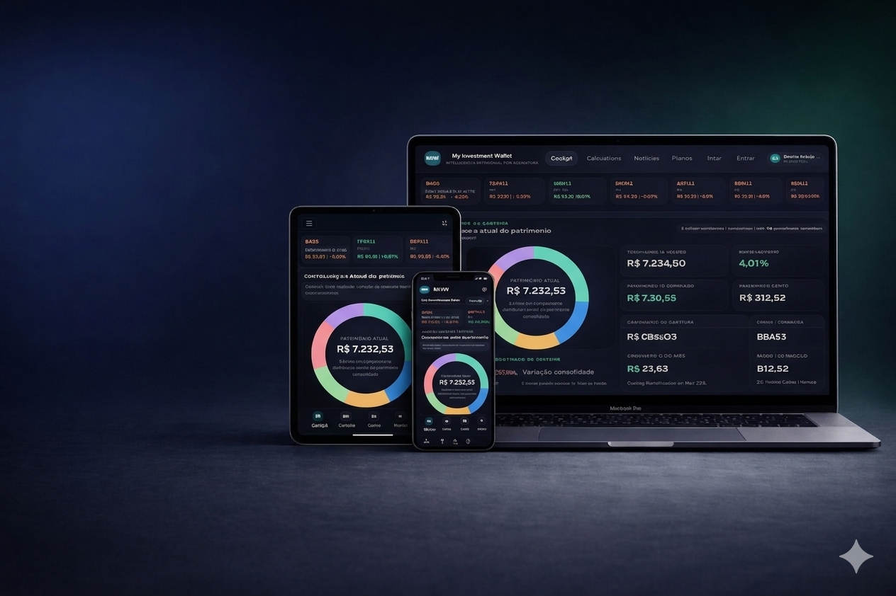 Notebook, tablet e celular exibindo o sistema MIW.